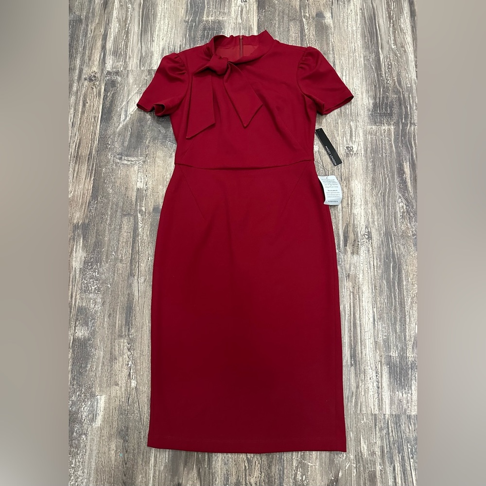 Maggy London Women’s Short Sleeve Neck Tie Burgundy Midi Dress Size 14